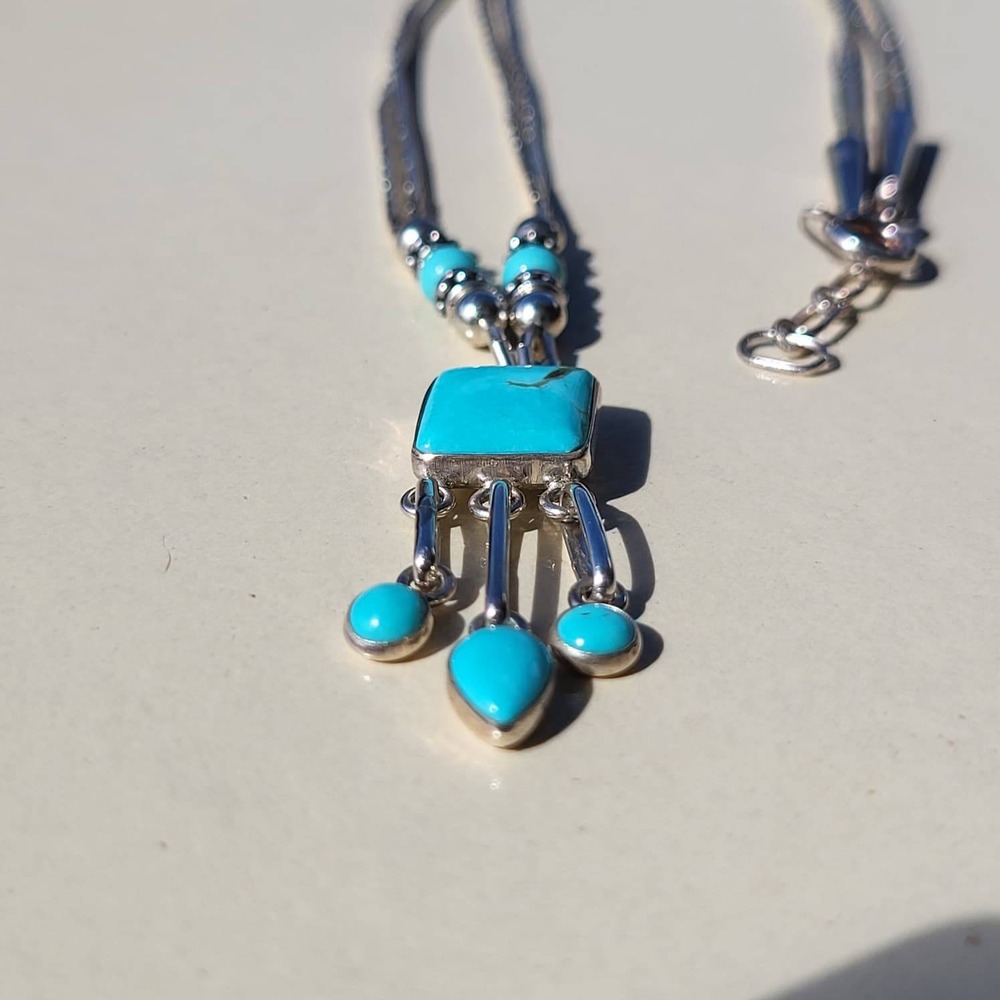 Vintage Q.T. 925 Sterling Silver Turquoise Liquid Silver Pendant Necklace - Picture 12 of 13